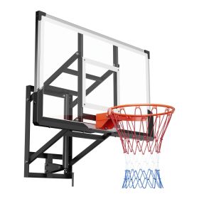 Wall Mount Basketball Hoop, 54-inch PC Backboard Mounted Basketball Hoop Outdoor with Hand-Crank Adjustment, 0.11 inch Thickened Backboard
